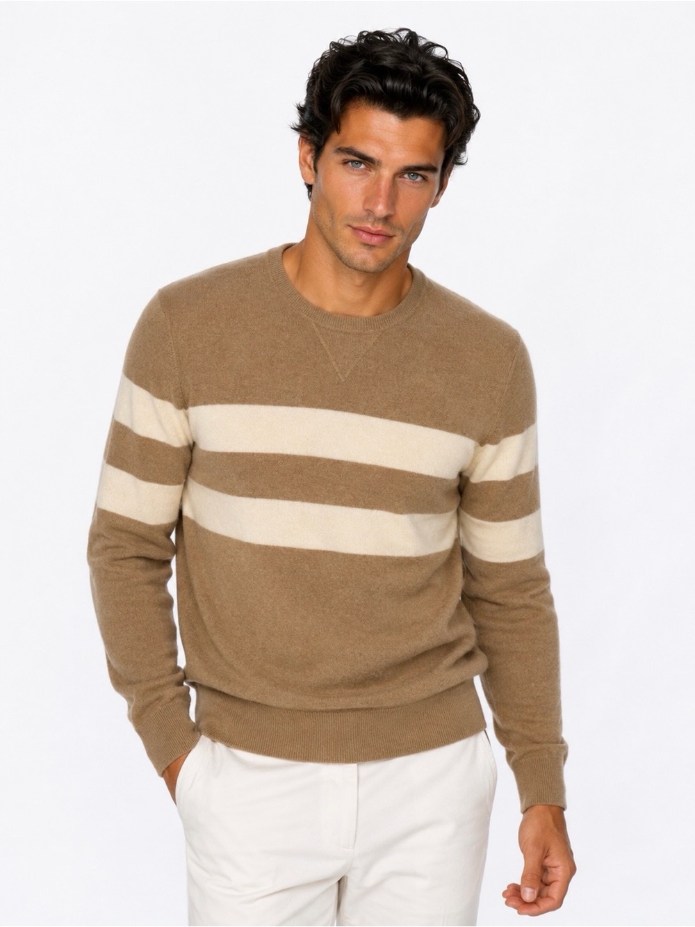 Todd Snyder Tan and Cream Striped Crewneck Sweater